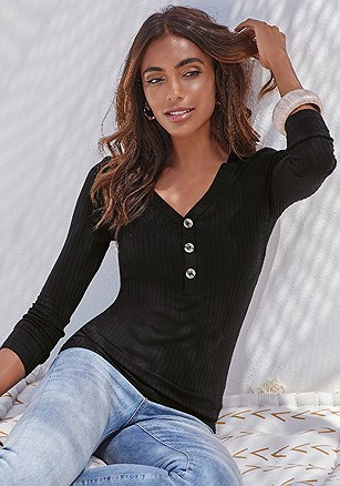 Ribbed Button Detail Top product image (X34654.BK.1)