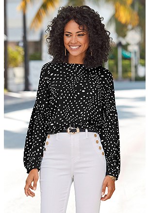 Dot Print Long Sleeve Blouse product image (X34655.BKWH.1.1a)
