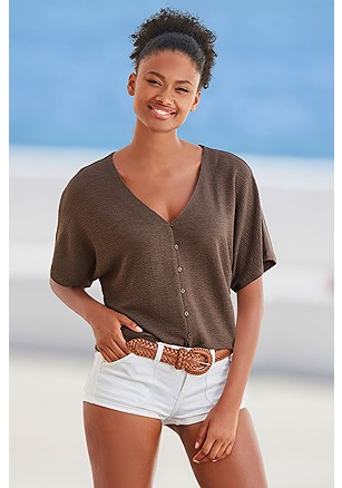 Button Down V-Neck Top product image (X34656.KH.1.A)