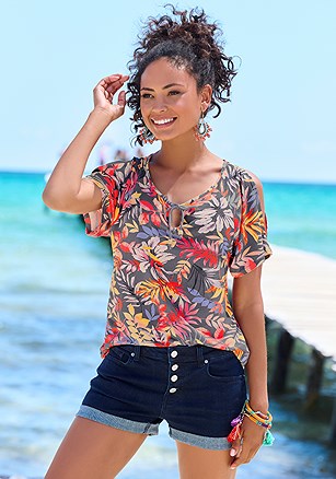 Printed Cold Shoulder Top product image (X34699.GYPR.2B)