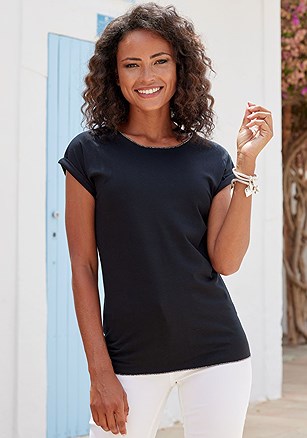 Metallic Trim Short Sleeve Top product image (X34782.BK.1)