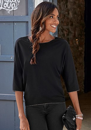 Metallic Trim 3/4 Sleeve Top product image (X34783.BK.1)