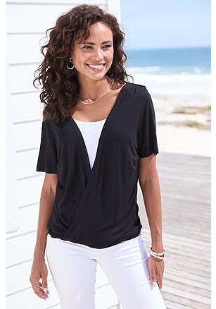 Short Sleeve Wrap Look Top product image (X34882.BKWH.1)