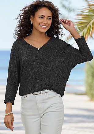 Button Detail 3/4 Sleeve Knit Top product image (X34888.BK.1)