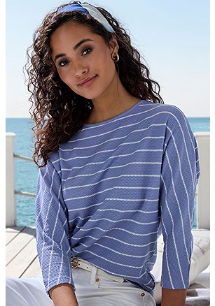 Striped 3/4 Sleeve Top product image (X34907.BLWH.1)