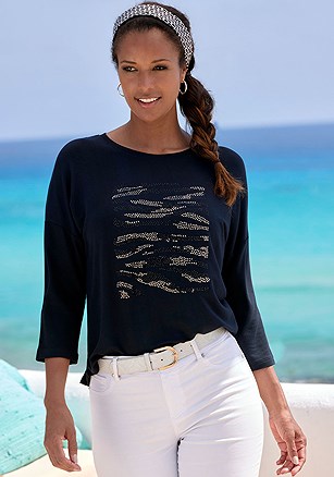 Metallic Graphic Print 3/4 Sleeve Top product image (X34920.BK.2)