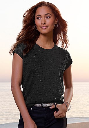 Open Knit Short Sleeve Top product image (X34935.BK.1)