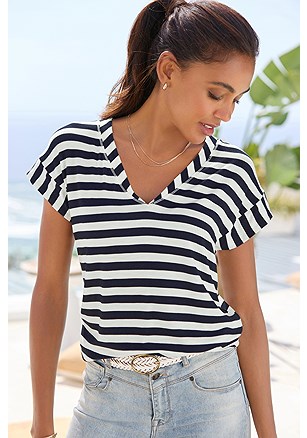 Striped V-Neck Top product image (X34945.WHNV.1.INES)