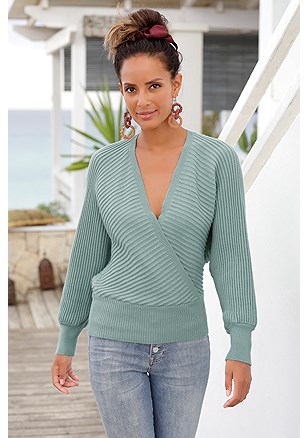 Ribbed V-Neck Sweater product image (X36072TEAL_1)
