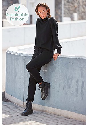 Casual Drawstring Pants, Bishop Sleeve Sweater product image (X36088BK_X38218BK_33)