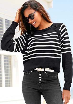 Striped Button Detail Sweater product image (X36383.BKWH.1)
