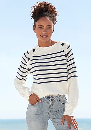 Striped Button Detail Sweater product image (X36383.WHNV.1)