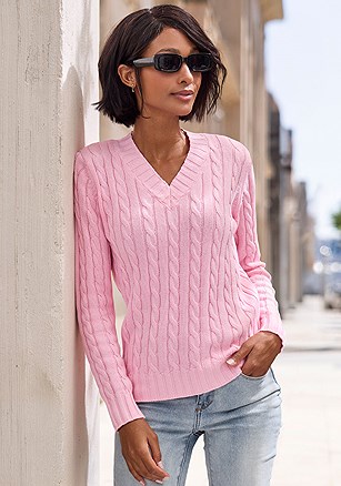 V-Neck Cable Knit Sweater product image (X36480.RS.1)