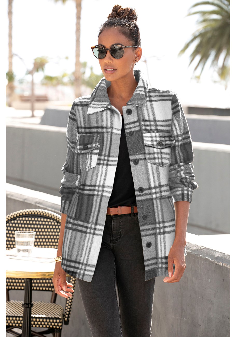 Coat plaid shirt Plaid Button Front Shirt Jacket with Breast Pockets  main image 4